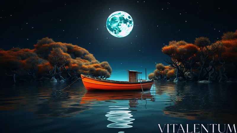 Moonlit Night with a Wooden Boat on a Lake AI Image