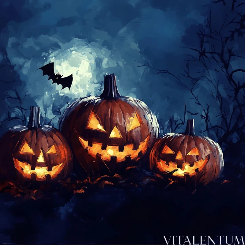 Eerie Halloween Night with Lit Jack-o'-lanterns AI Image