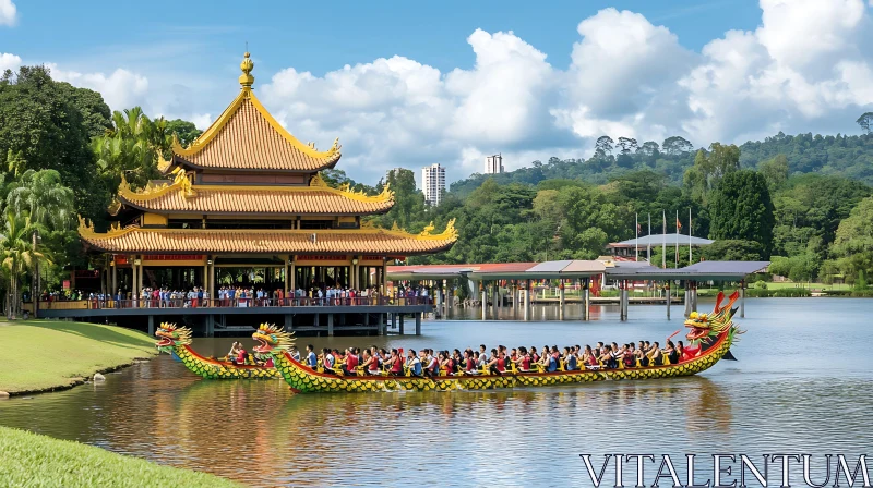 Colorful Dragon Boat by the Temple Lake AI Image