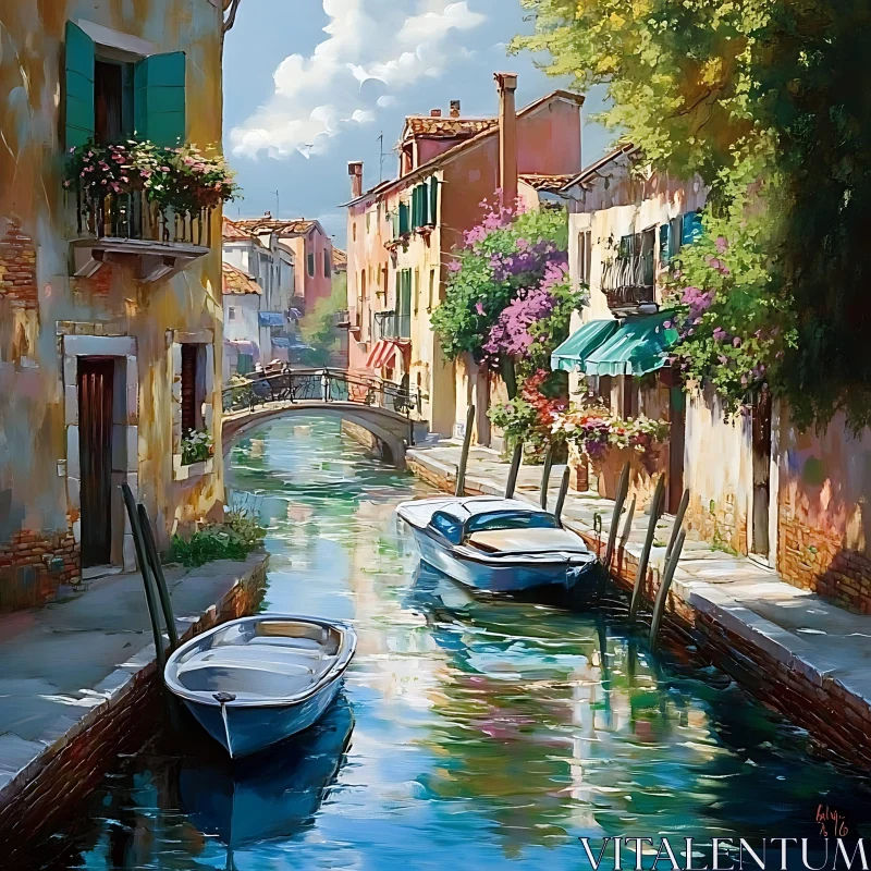 Idyllic Canal with Boats and Colorful Buildings AI Image