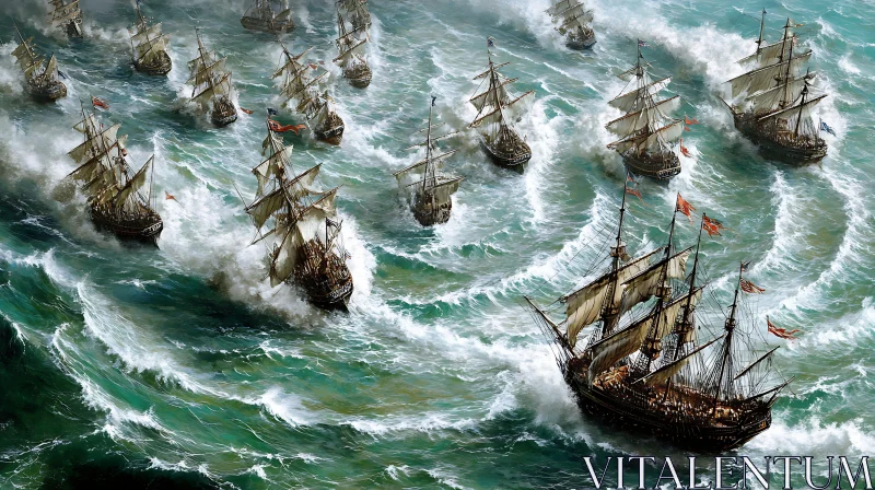 Armada of Historical Ships on High Seas AI Image