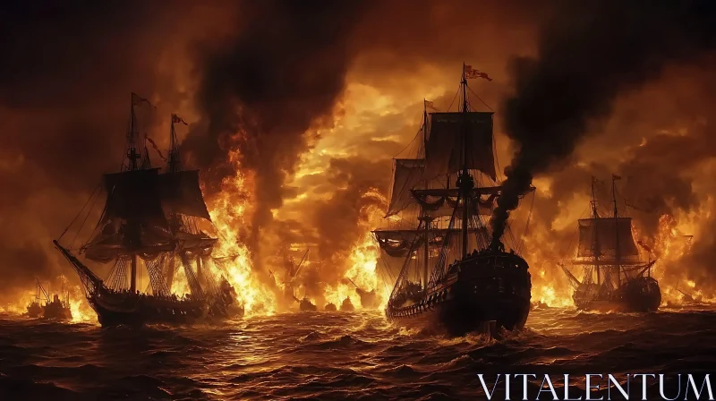 Inferno at Sea: Ships Amidst Flames AI Image