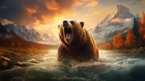 Roaring Bear in Water with Mountain Backdrop: Concept Art