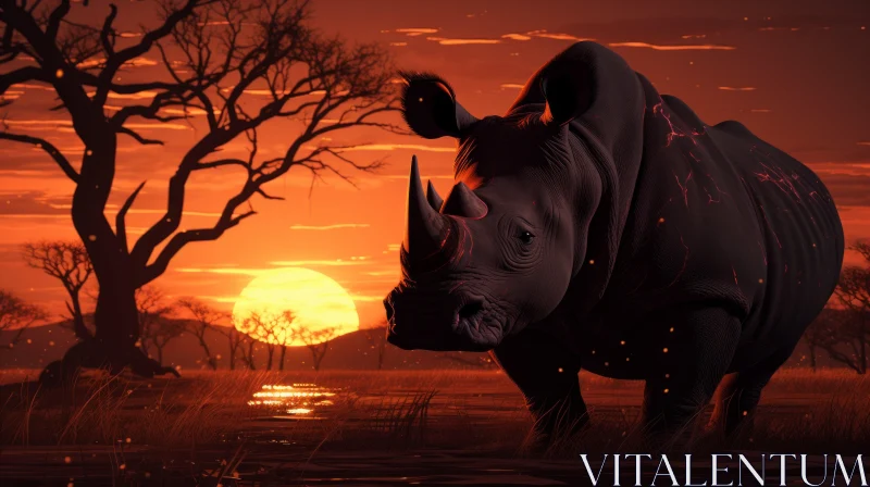 Romantic Sunset Illustration of a Rhino in the Wild AI Image