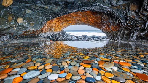 Vibrant Colored Pebbles in a Coastal Cave