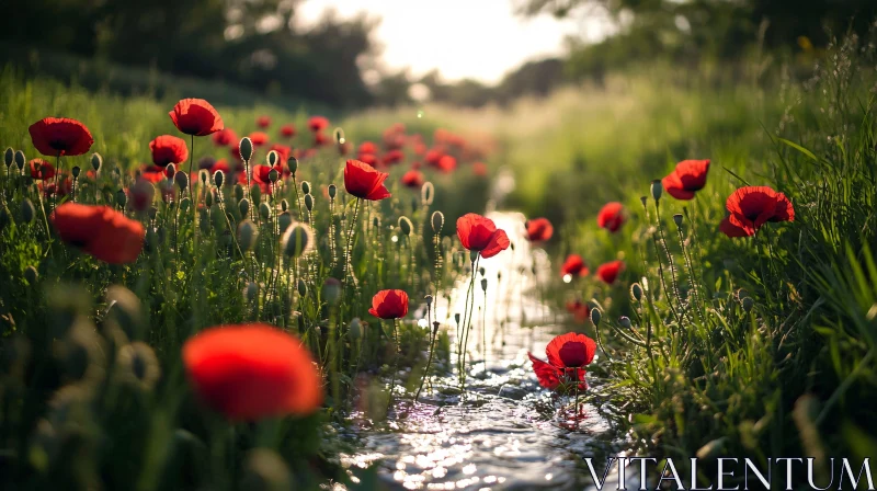 Red Poppies in Sunlit Meadow Stream AI Image