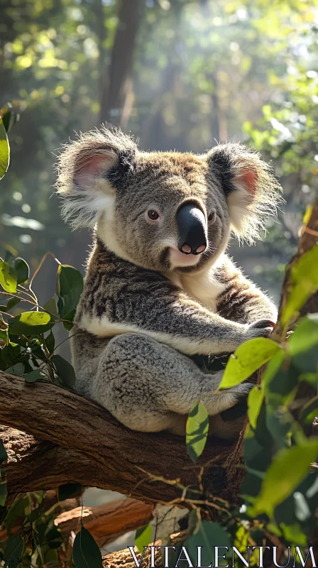 Gentle Koala in Sunlit Forest AI Image