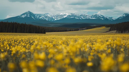 Yellow Flower Field with Snow-Capped Mountain View