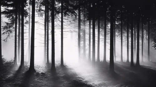 Enigmatic Sunlit Foggy Forest Scene