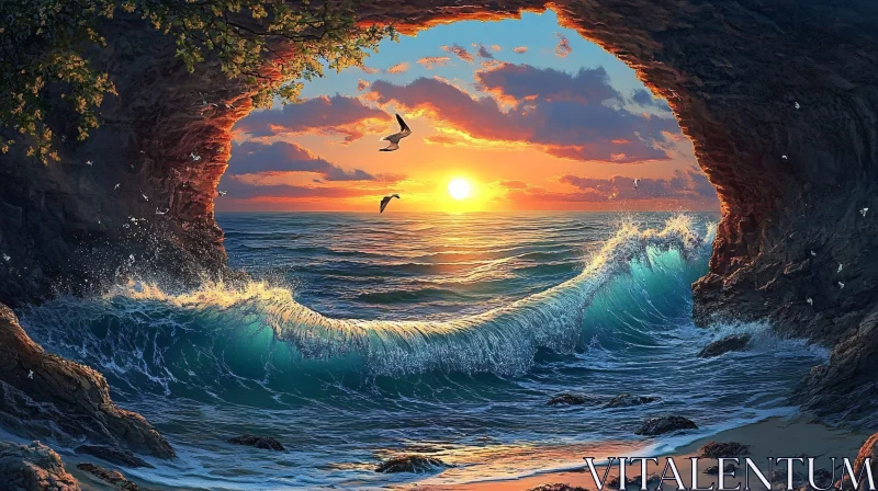 Sunset Over Ocean Viewed Through Sea Cave AI Image