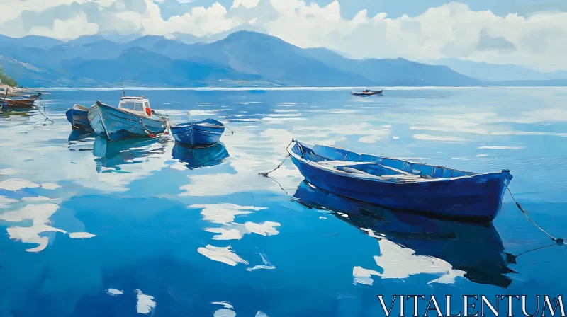 Blue Boats Floating on Serene Sea AI Image