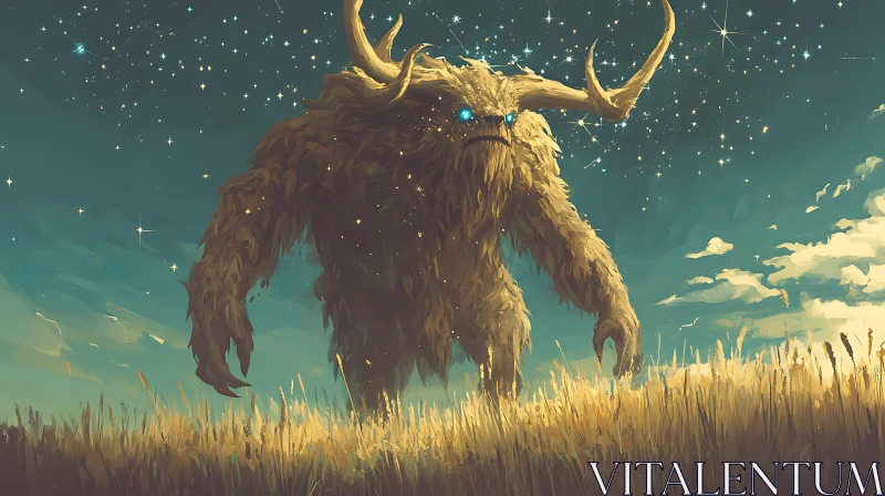 AI ART Colossal Horned Creature in Nighttime Fantasy Landscape