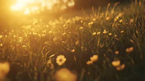 Sunlit Field with Flowers and Warm Glow