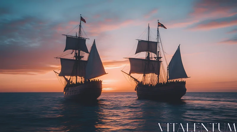 Sailing Ships Glide Across a Sunset-Lit Ocean AI Image