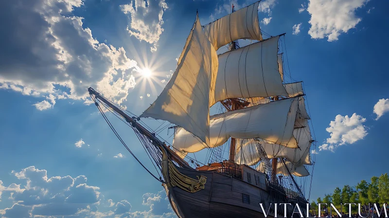 Historic Sailing Ship in Sunlit Maritime Scene AI Image