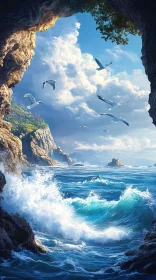 Breathtaking Ocean View from Cave with Waves and Seagulls