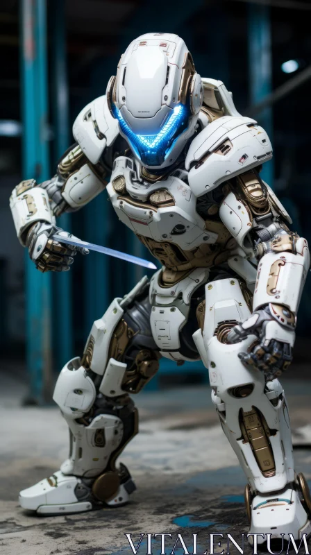 Epic Portraiture of Robotic Suit with Sword in Urban Setting AI Image