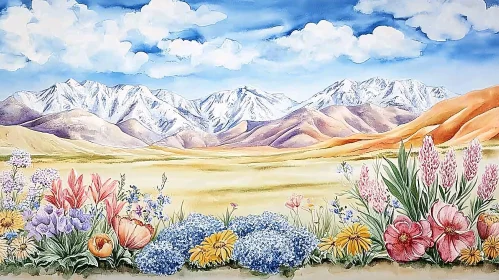 Vibrant Flower Field and Majestic Mountains