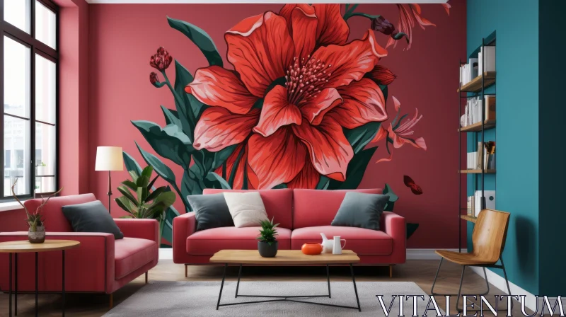 Modern Living Room with Intricate Red Flower Mural AI Image