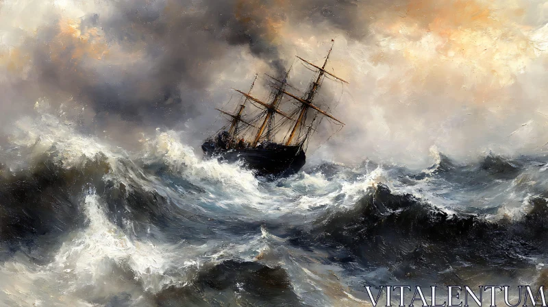 Stormy Seas with Struggling Ship AI Image