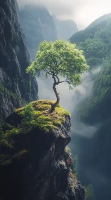 Lone Tree Amidst Thick Mist and Mountains