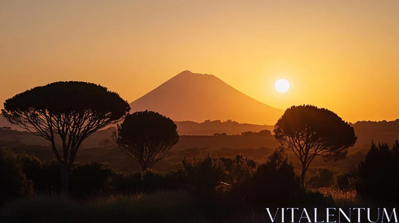 AI ART Mountain Sunset with Silhouetted Trees