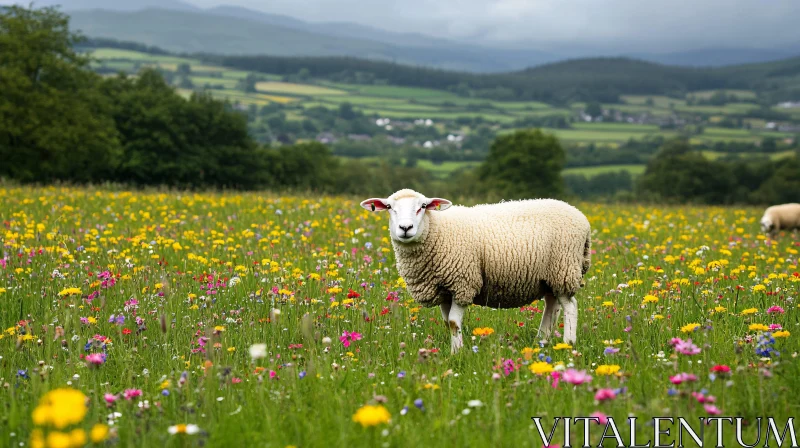 Idyllic Countryside Sheep in Blooming Field AI Image