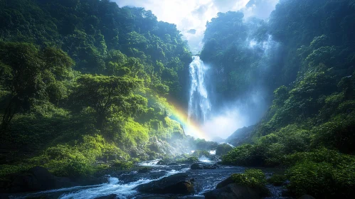 Rainbow Waterfall in Verdant Mountains