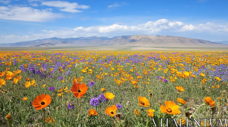 Vibrant Orange and Purple Wildflowers with Majestic Mountains AI Image