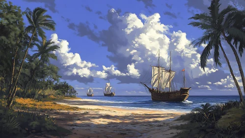 Tranquil Maritime Beach with Sailing Vessels