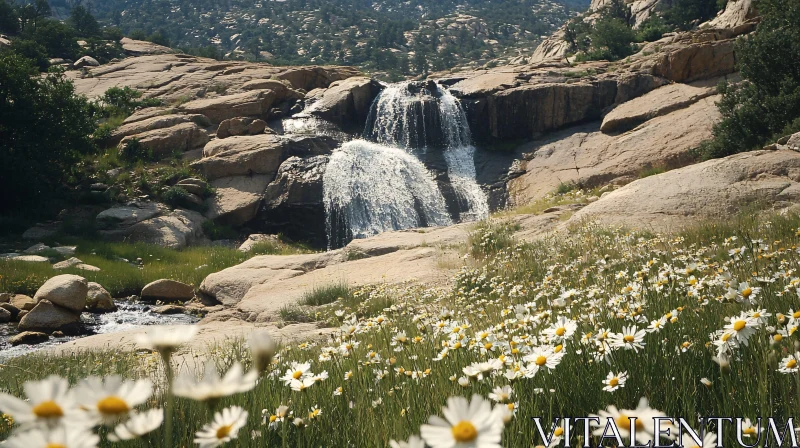 AI ART Tranquil Waterfall Scene with Daisies in Bloom