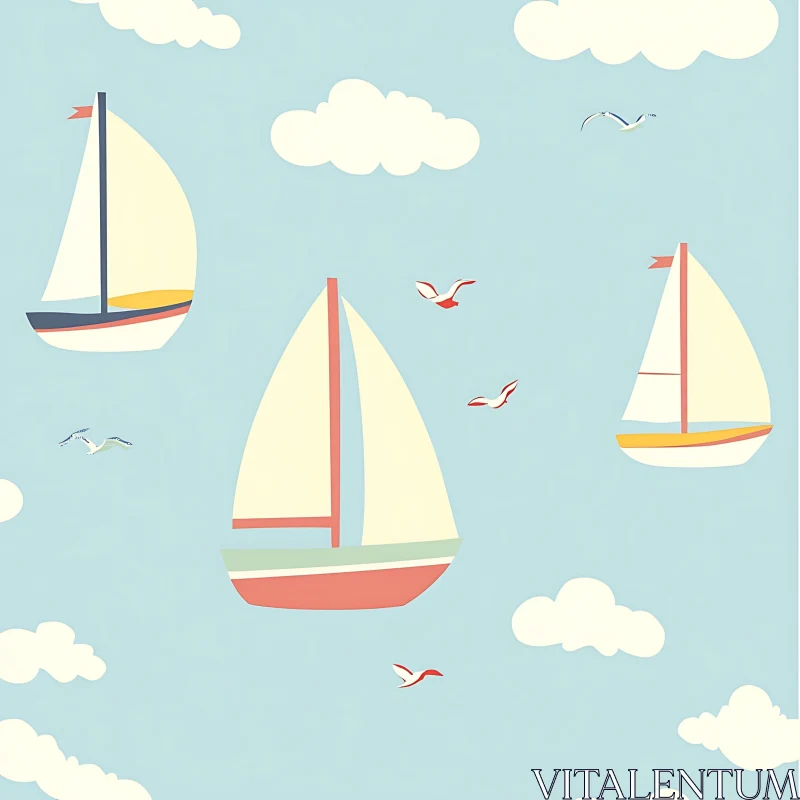 Serene Sailing Scene with Sailboats and Seagulls AI Image