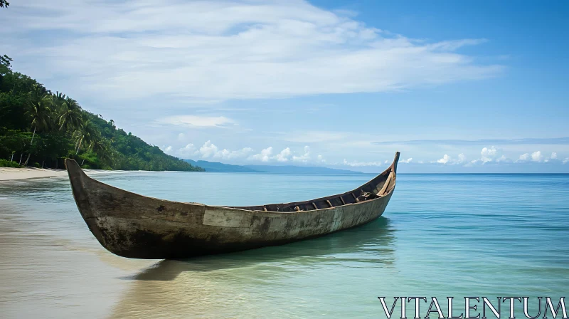 Tranquil Shoreline with Wooden Boat and Blue Sky AI Image