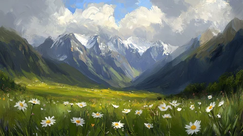 Peaceful Mountain Scenery with Blooming Daisies