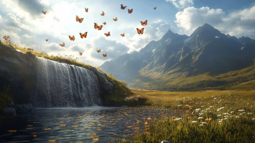 Peaceful Nature Scene with Waterfall and Butterflies