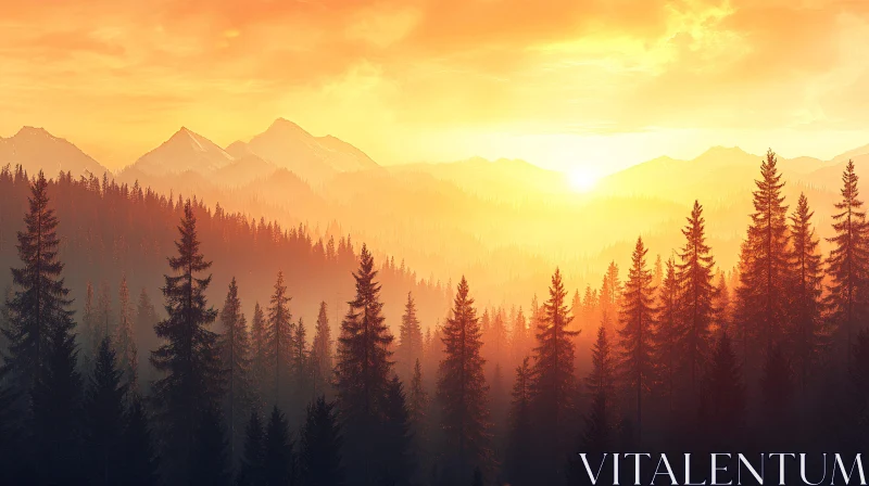 AI ART Tranquil Pine Forest During Sunset with Mountainous Horizon