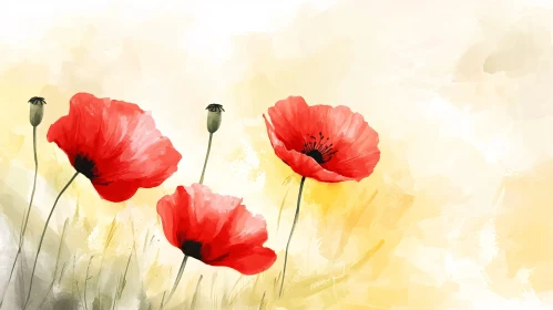 Vivid Red Poppies Art in Soft Pastel Background