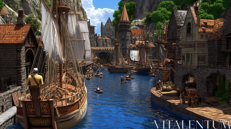 Medieval Harbor Scene with Ships and Stone Architecture