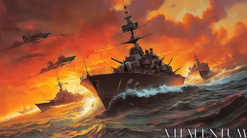 AI ART Warships in Battle During Sunset