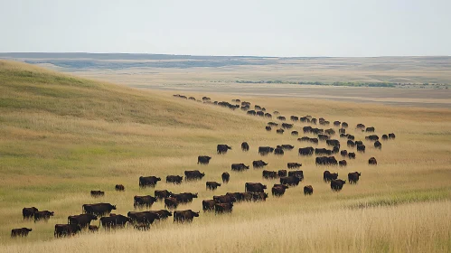 Cows Grazing on Open Pasture with Hills