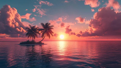 Peaceful Ocean Sunset with Palm Trees and Clouds