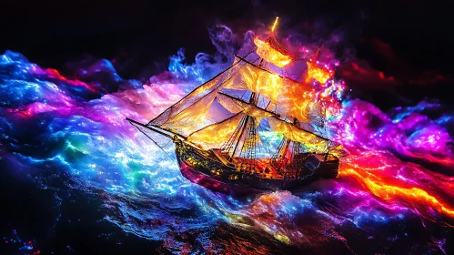 Colourful Glowing Ship on Night Sea