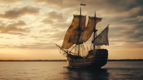 Serenity of a Historic Ship on the Ocean