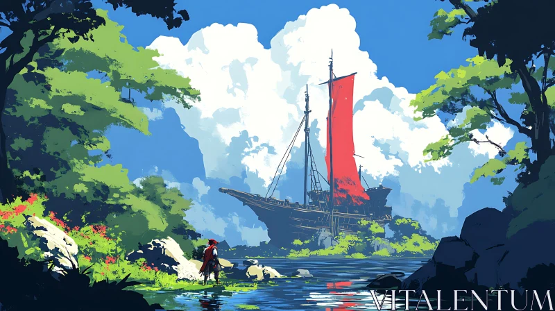 AI ART Vibrant Red Sailed Ship Amidst Lush Greenery