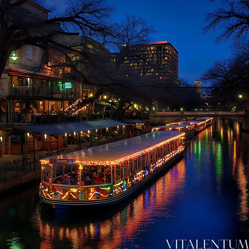 AI ART Nighttime River Boat Adorned with Festive Lights