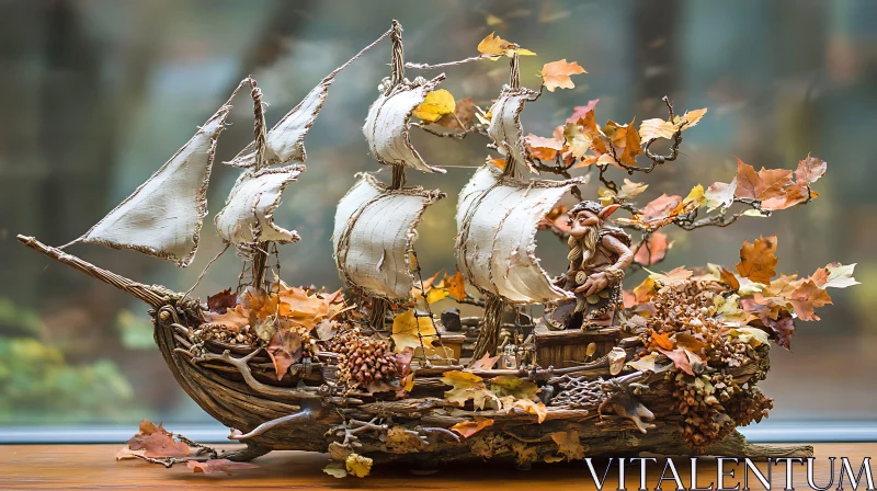 AI ART Autumn-Themed Wooden Ship Artwork