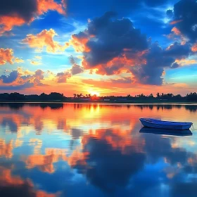 Tranquil Evening: Sunset and Boat at Lake