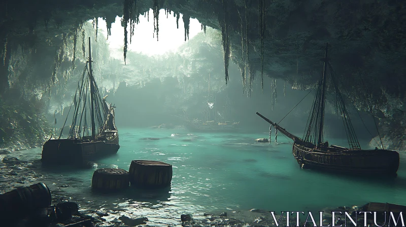 AI ART Enigmatic Cavern Scene with Glowing Waters