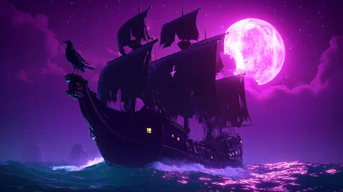 Eerie Nighttime Voyage with a Ghostly Ship