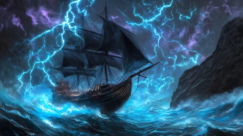 Sailing Ship Amidst Lightning and Stormy Seas